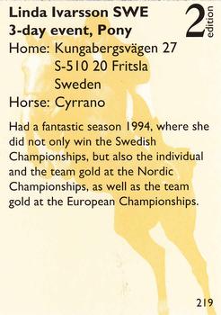 1995 Collect-A-Card Equestrian #219 Linda Ivarsson / Cyrrano Back